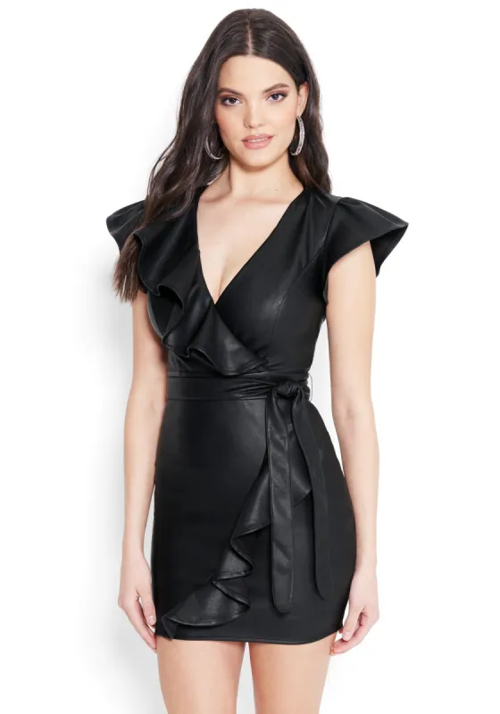 Ruffled Vegan Leather Dress sold by Bebe