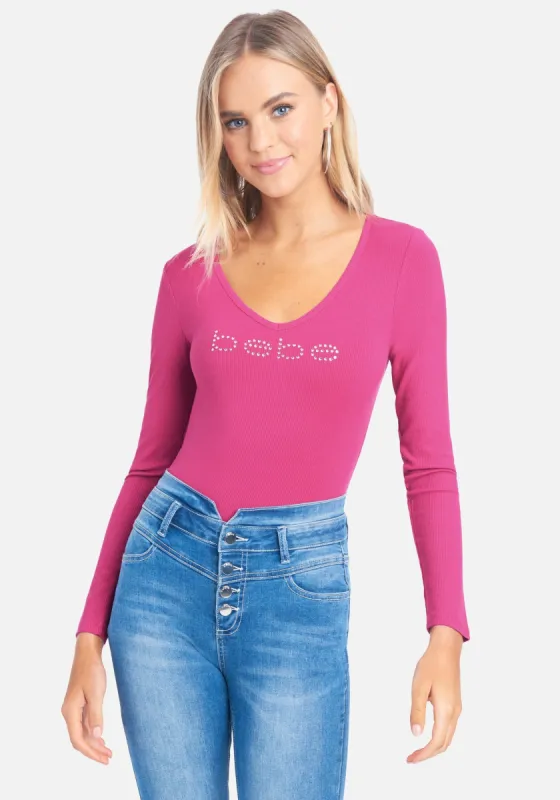 Crystal Logo V-Neck Long Sleeve Tee sold by Bebe