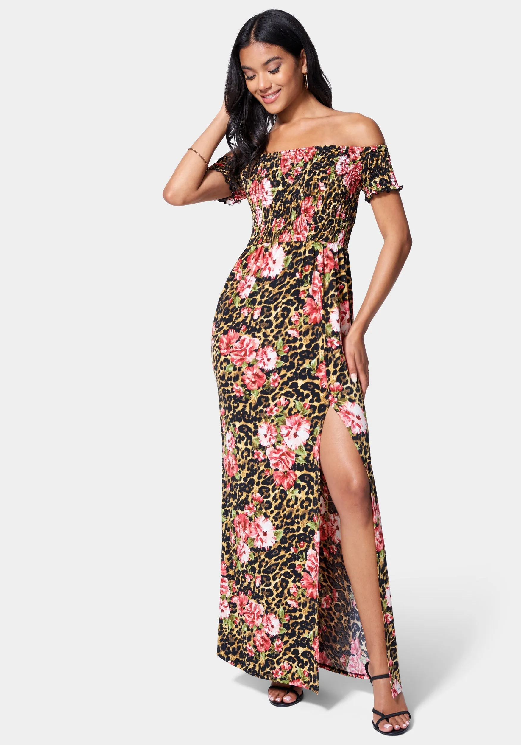 Off Shoulder Slit Maxi Dress sold by Bebe