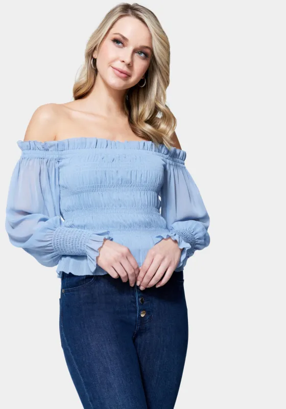 Long Sleeve Smocked Off Shoulder Top sold by Bebe