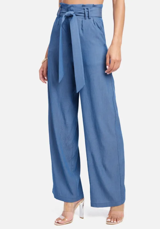 High Waist Front Tie Wide Leg Chambray Pants sold by Bebe
