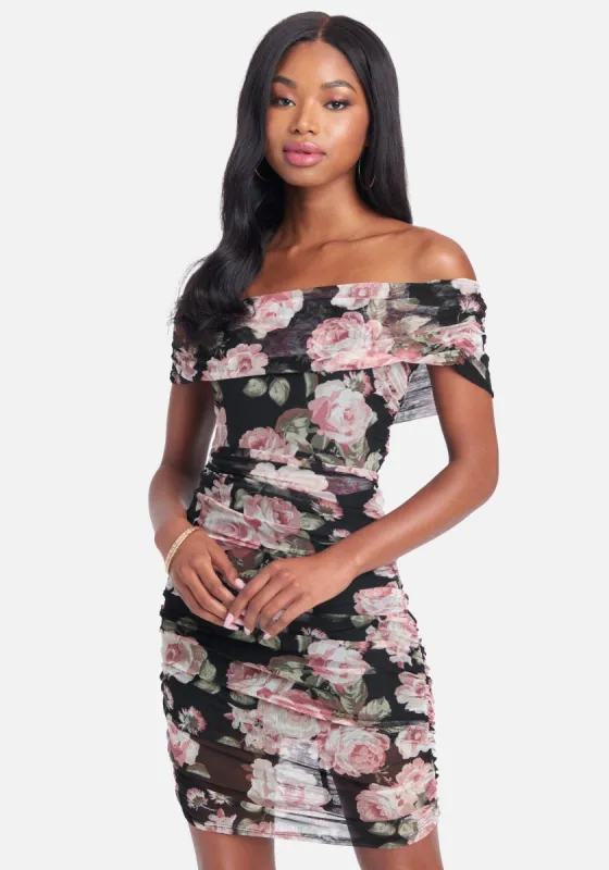 Off Shoulder Floral Ruched Dress sold by Bebe
