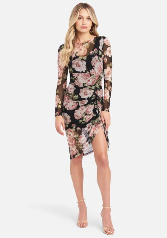Long Sleeve Mesh Ruched Dress sold by Bebe