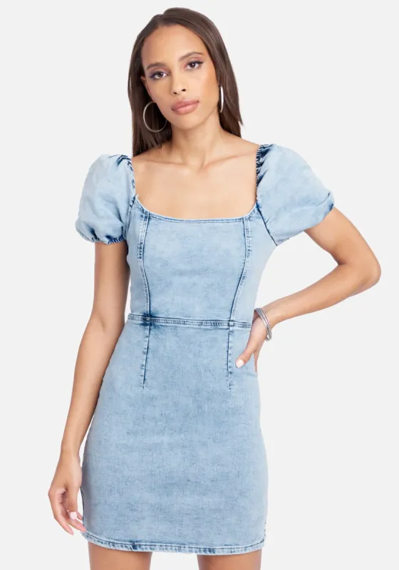 Cross Back Denim Dress sold by Bebe
