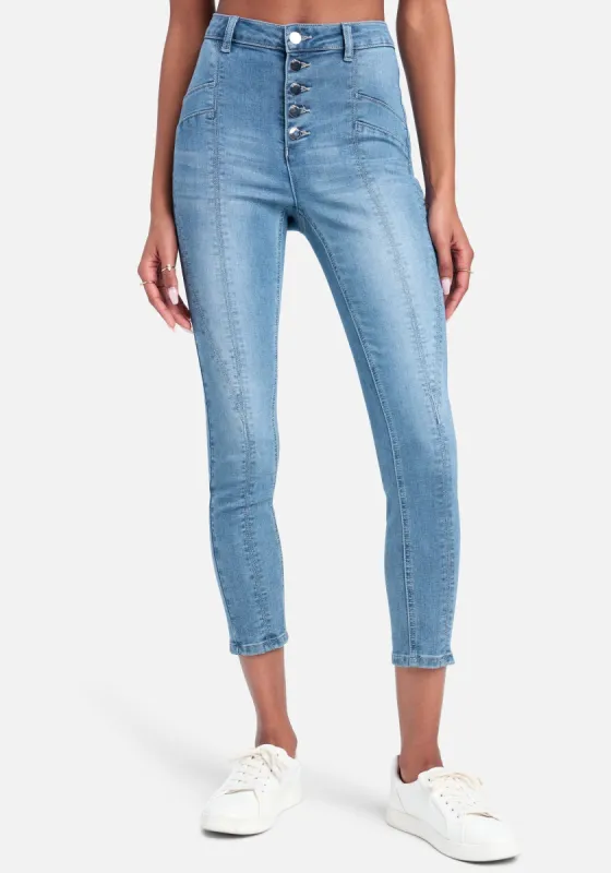 Stitch Detail Front Button Skinny Jeans sold by Bebe