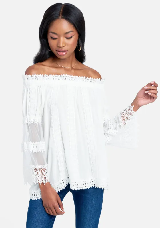 Off Shoulder Embroidered Trim Top sold by Bebe