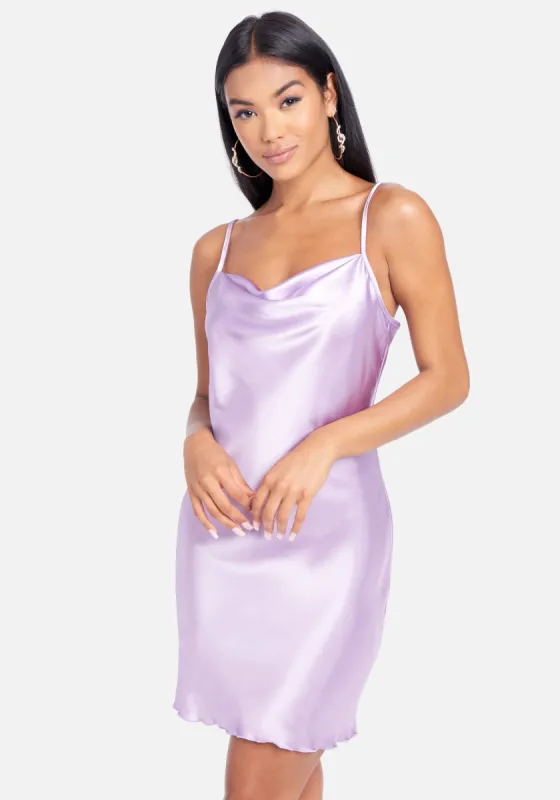 Satin Cowl Neck Slip Mini Dress sold by Bebe