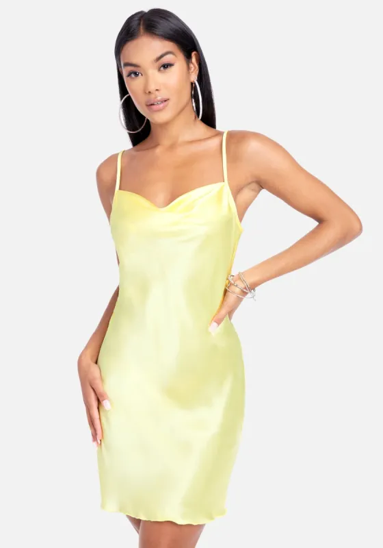Satin Cowl Neck Slip Mini Dress sold by Bebe