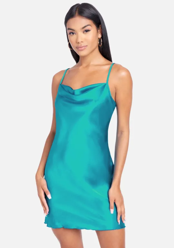 Satin Cowl Neck Slip Mini Dress sold by Bebe