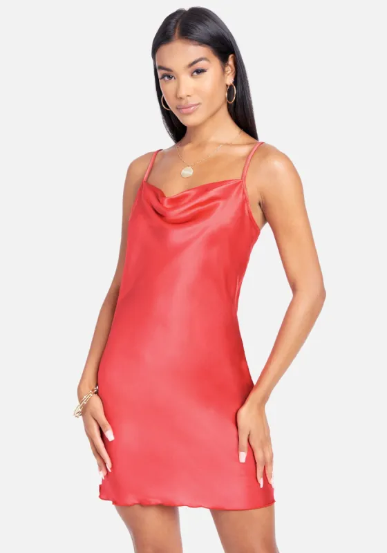 Satin Cowl Neck Slip Mini Dress sold by Bebe