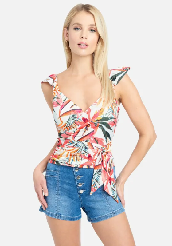 Printed Flutter Sleeve Wrap Top sold by Bebe