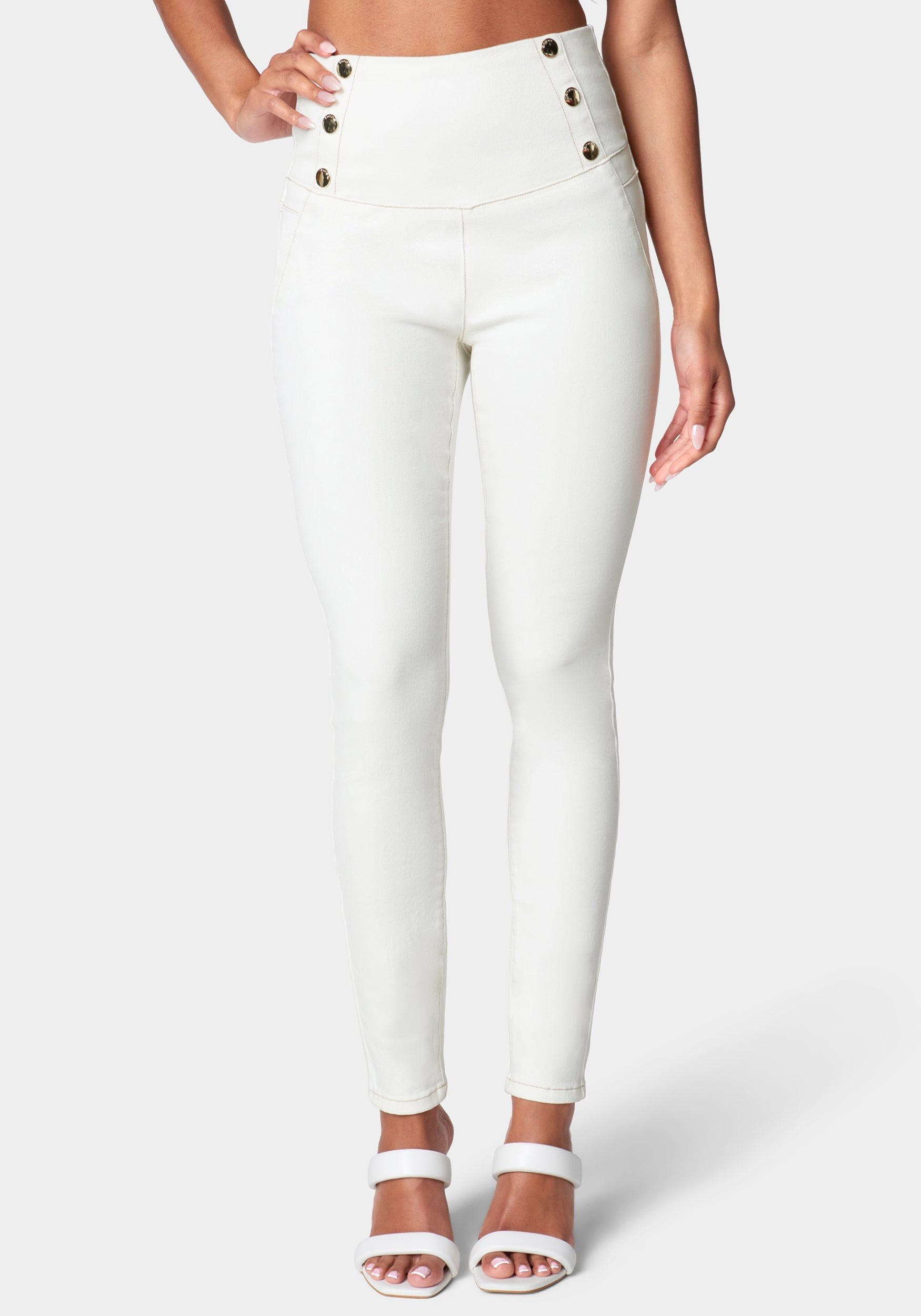 Super High Rise Snaps Detail Skinny Jeans sold by Bebe