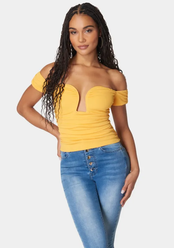 Ruched Cut Out Cold Shoulder Knit Top sold by Bebe