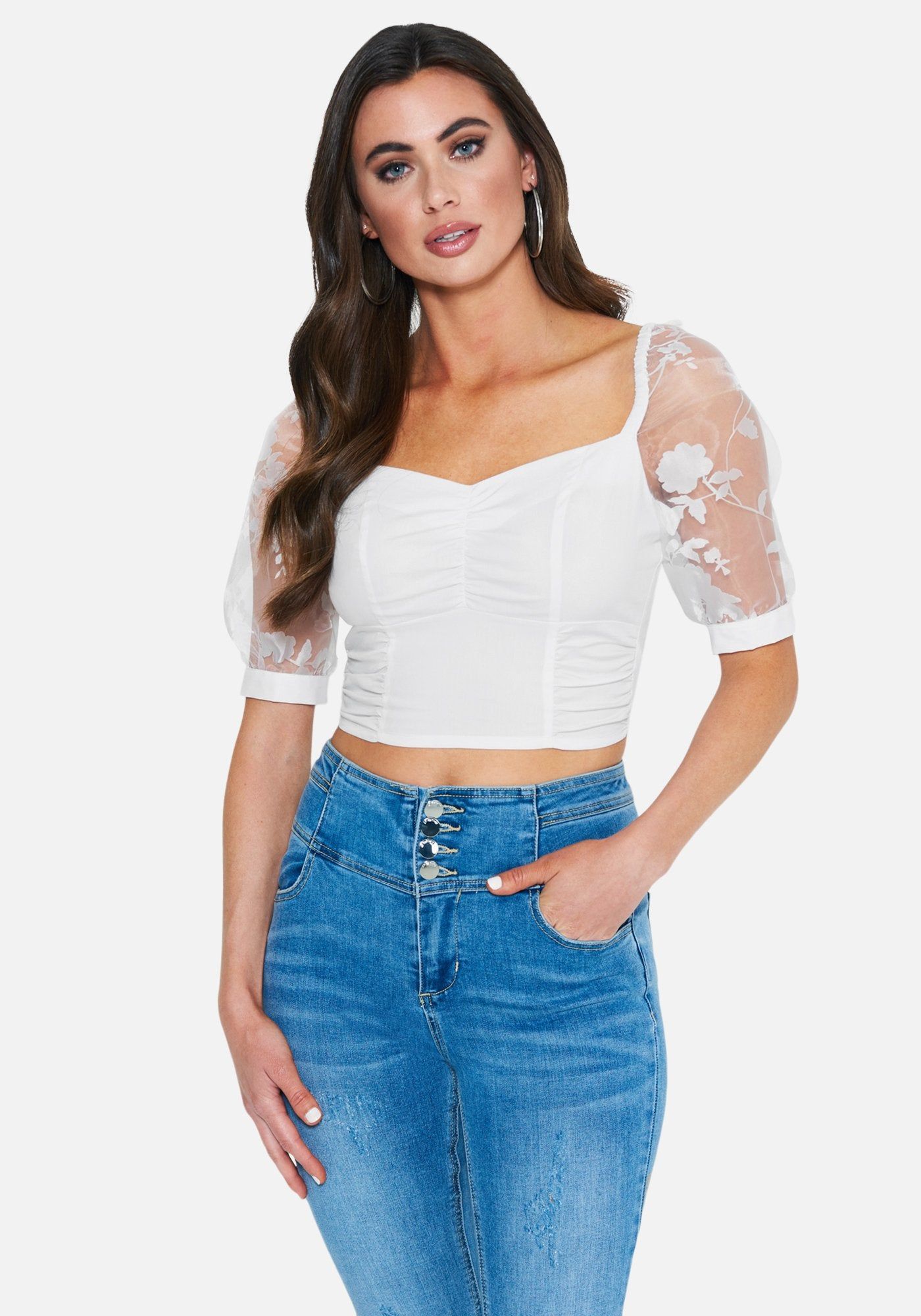 Poplin Organza Print Sleeve Top sold by Bebe