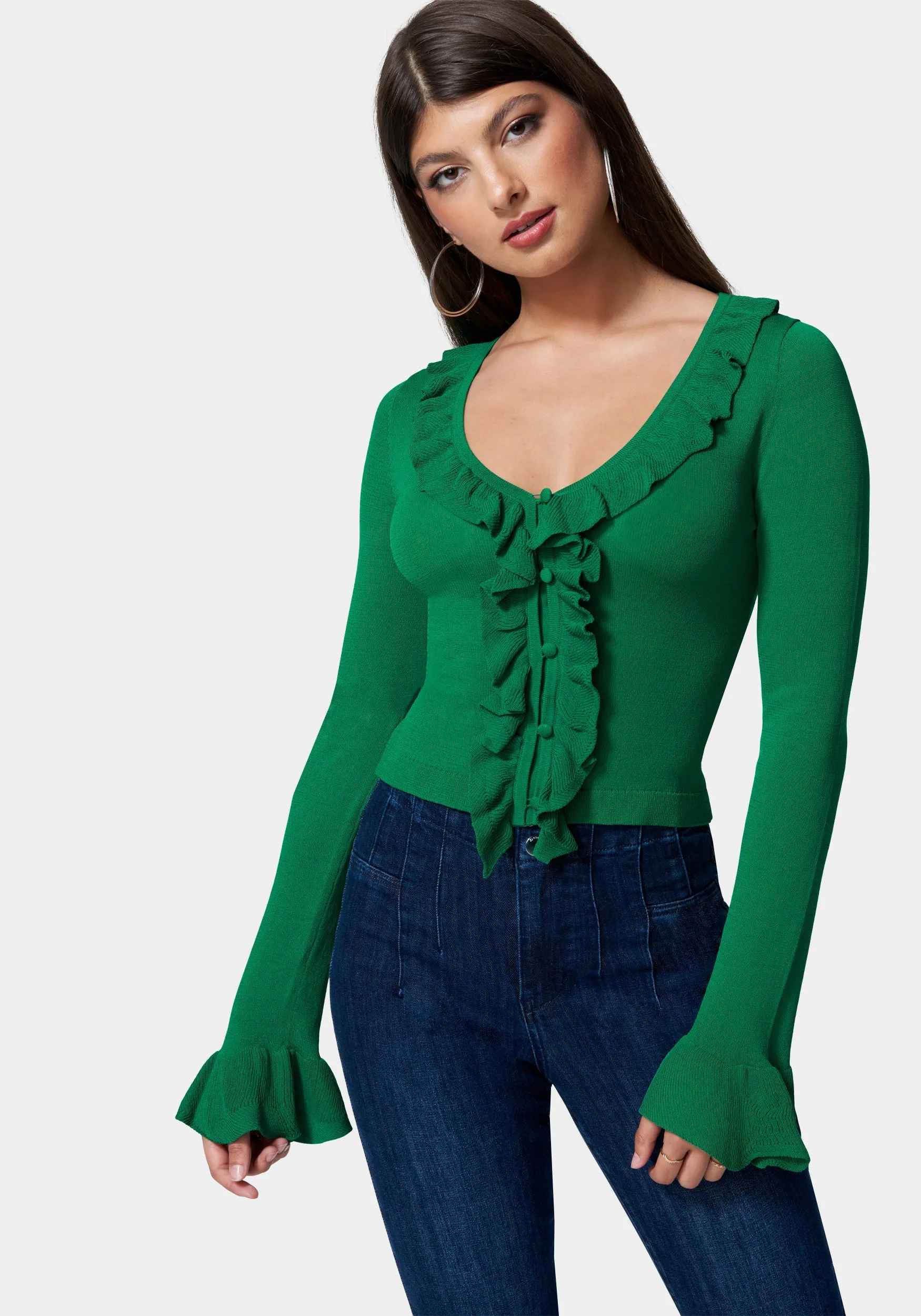 Ruffle Cropped Sweater Cardigan sold by Bebe