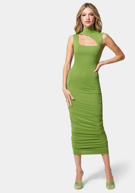 Mock Neck Shirred Midi Dress sold by Bebe