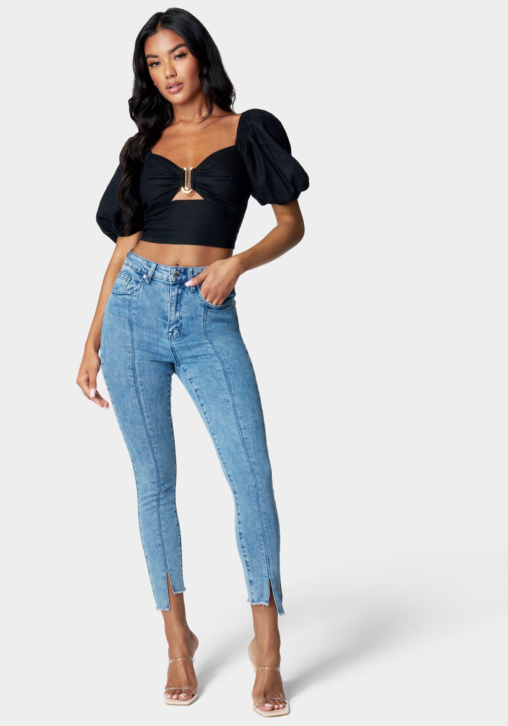 Puff Sleeve Front Keyhole Woven Top sold by Bebe