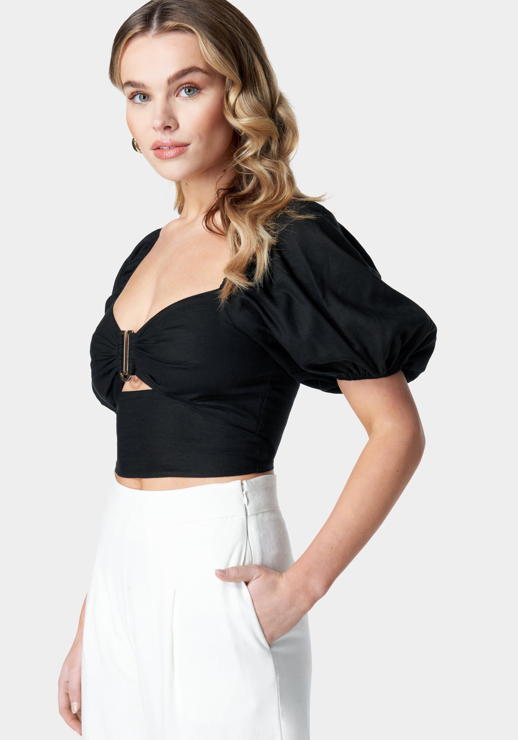 Puff Sleeve Front Keyhole Woven Top sold by Bebe product image thumbnail 3