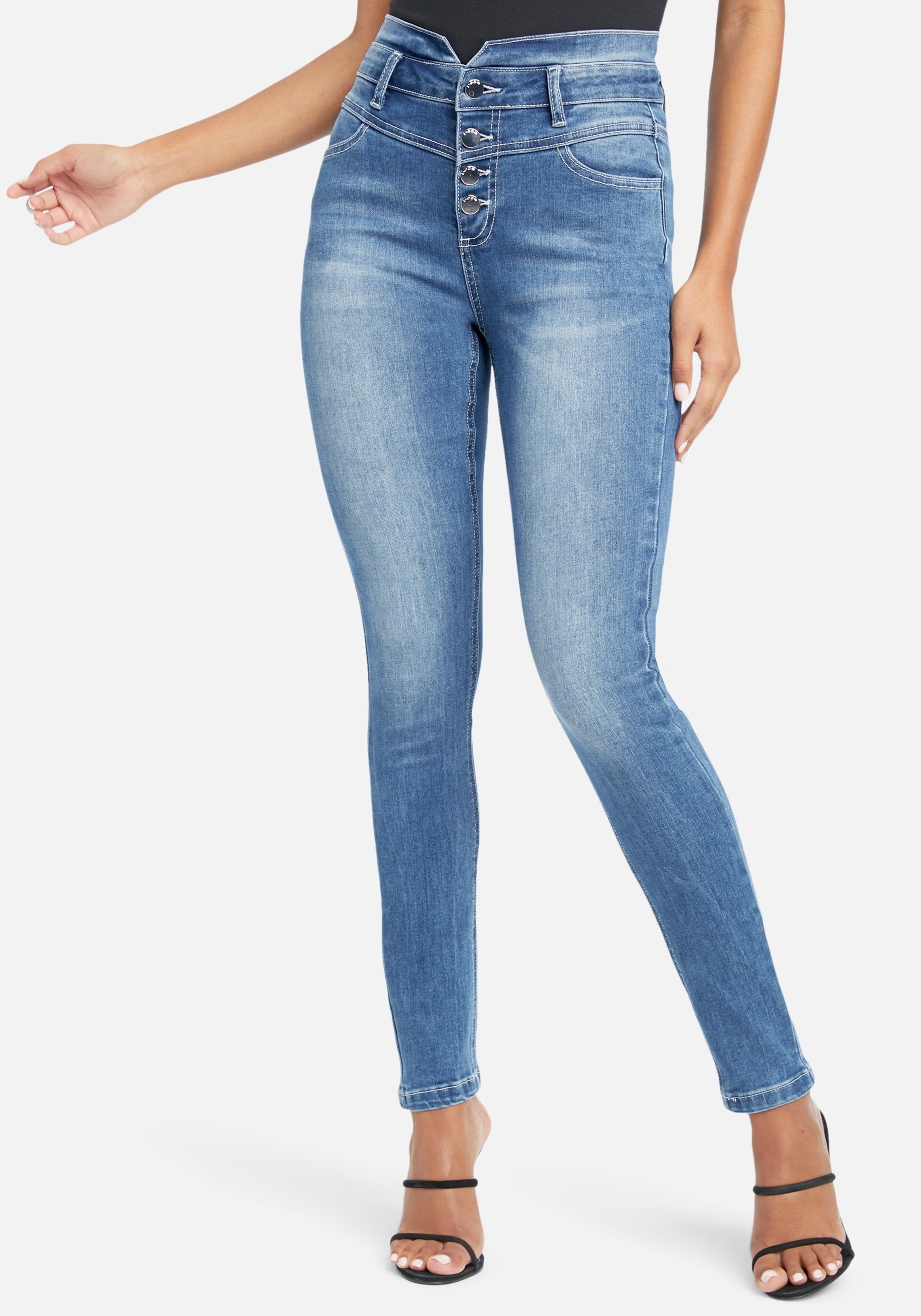High Rise Button Up Skinny Jeans sold by Bebe
