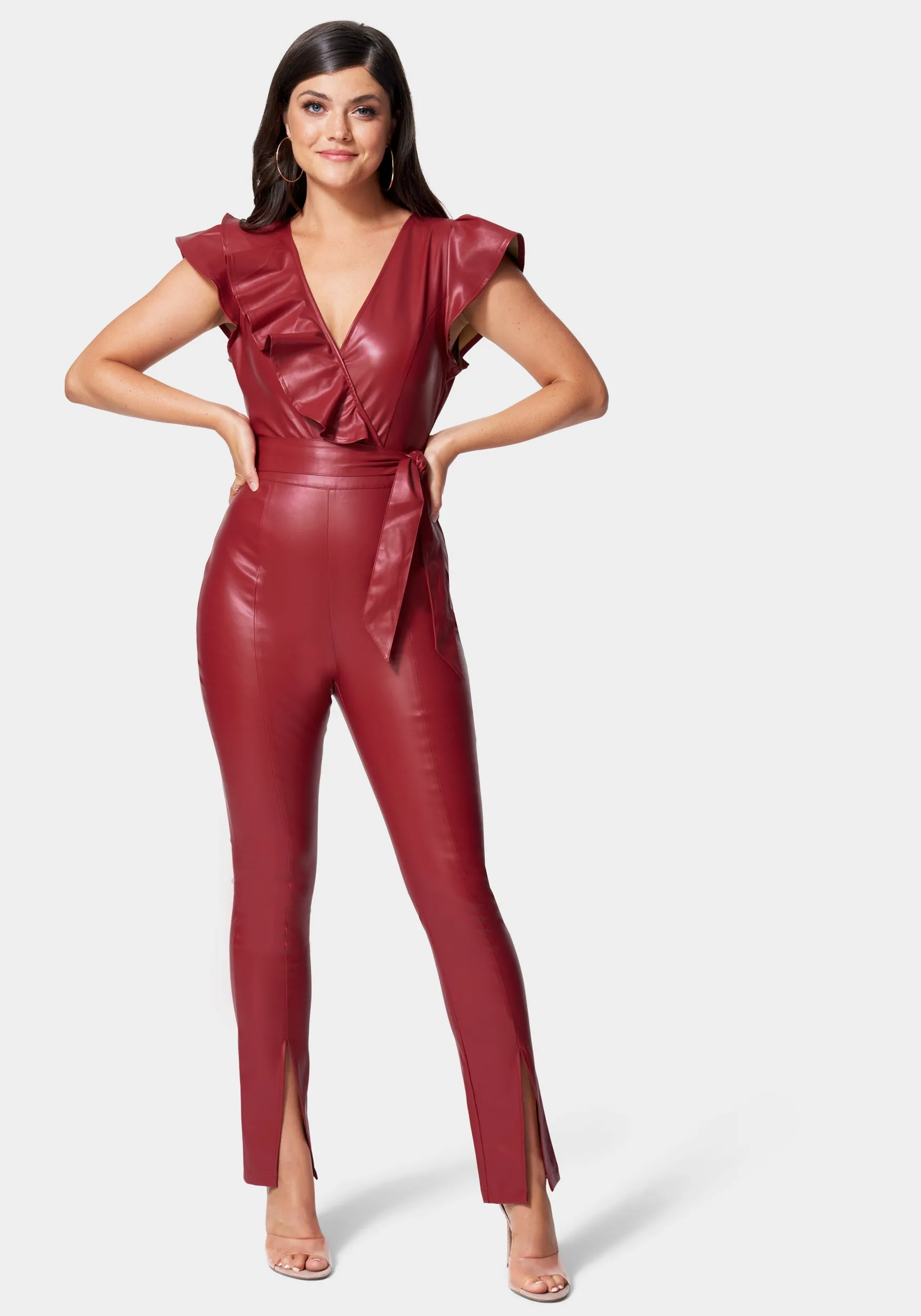 Vegan Leather Ruffle Jumpsuit sold by Bebe