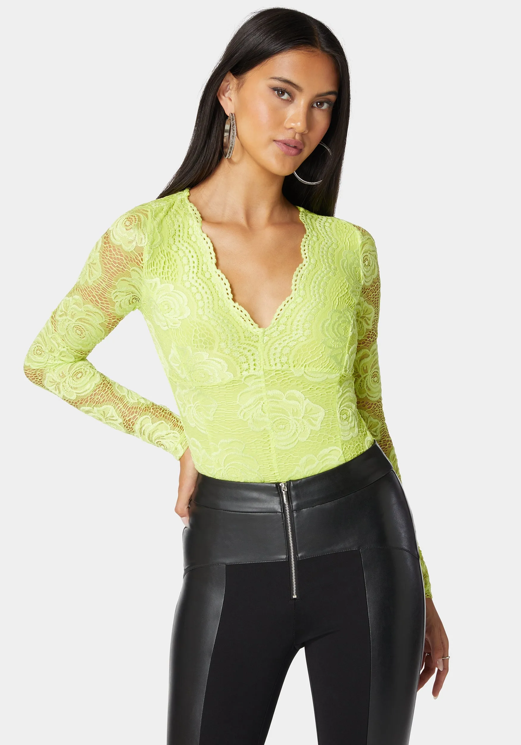 Scallop Edge Long Sleeve Lace Bodysuit sold by Bebe