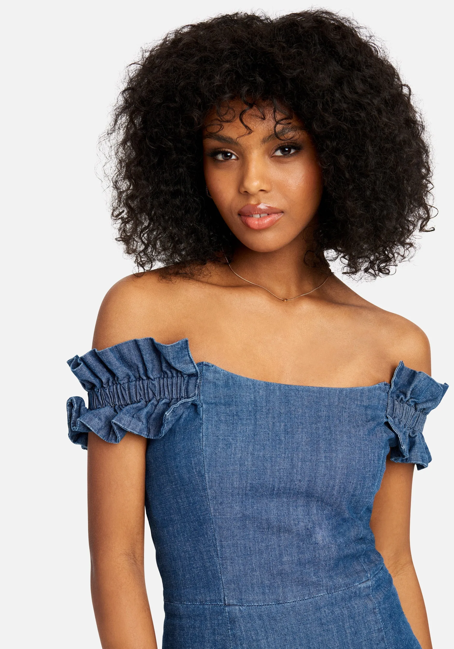 Off Shoulder Ruffle Detail Denim Dress sold by Bebe product image thumbnail 4