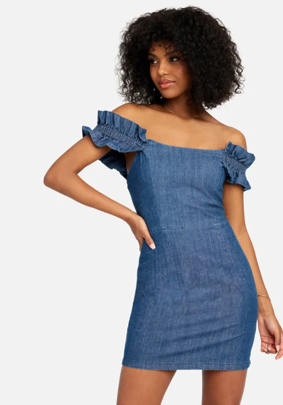 Off Shoulder Ruffle Detail Denim Dress sold by Bebe