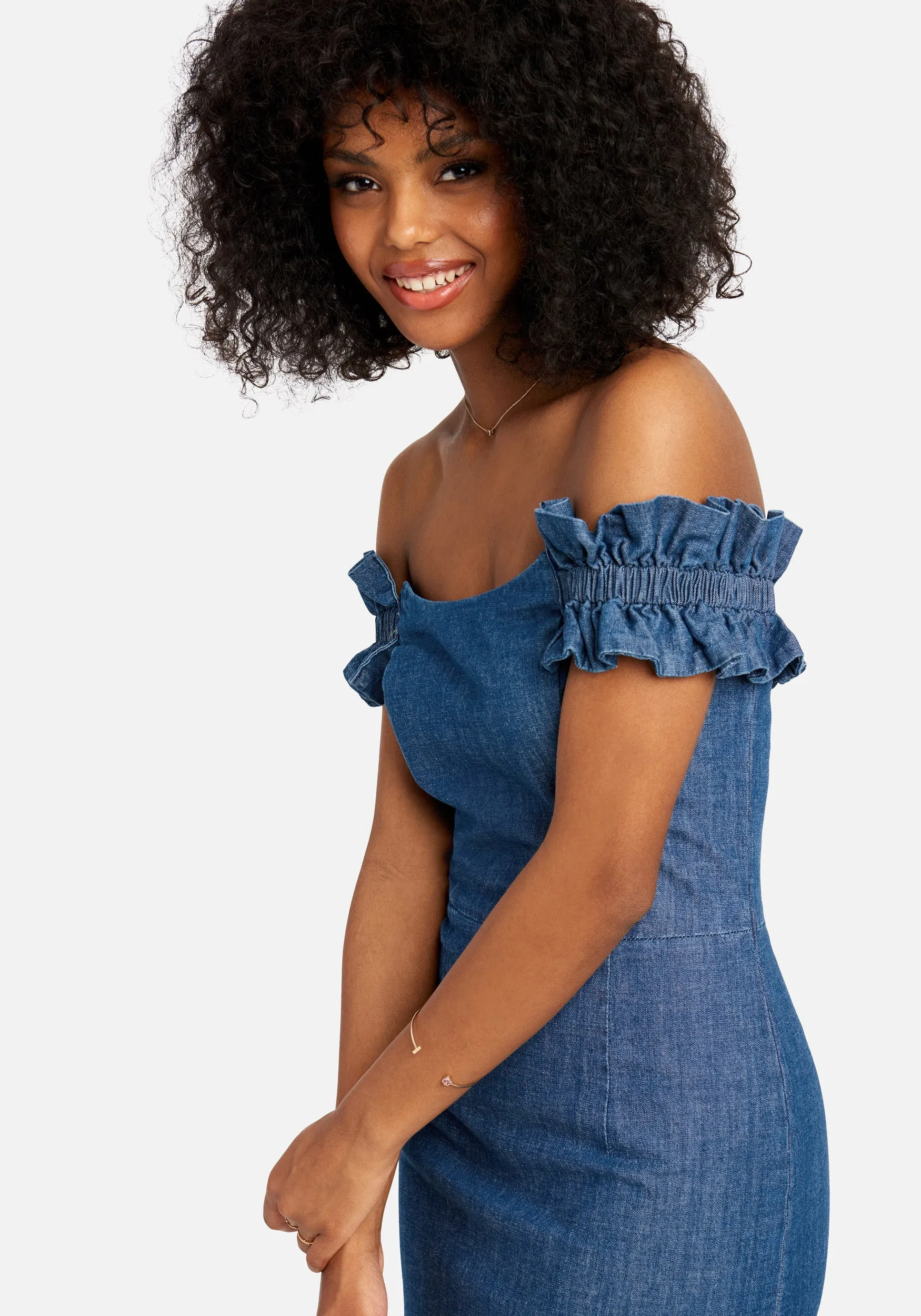 Off Shoulder Ruffle Detail Denim Dress sold by Bebe product image thumbnail 2