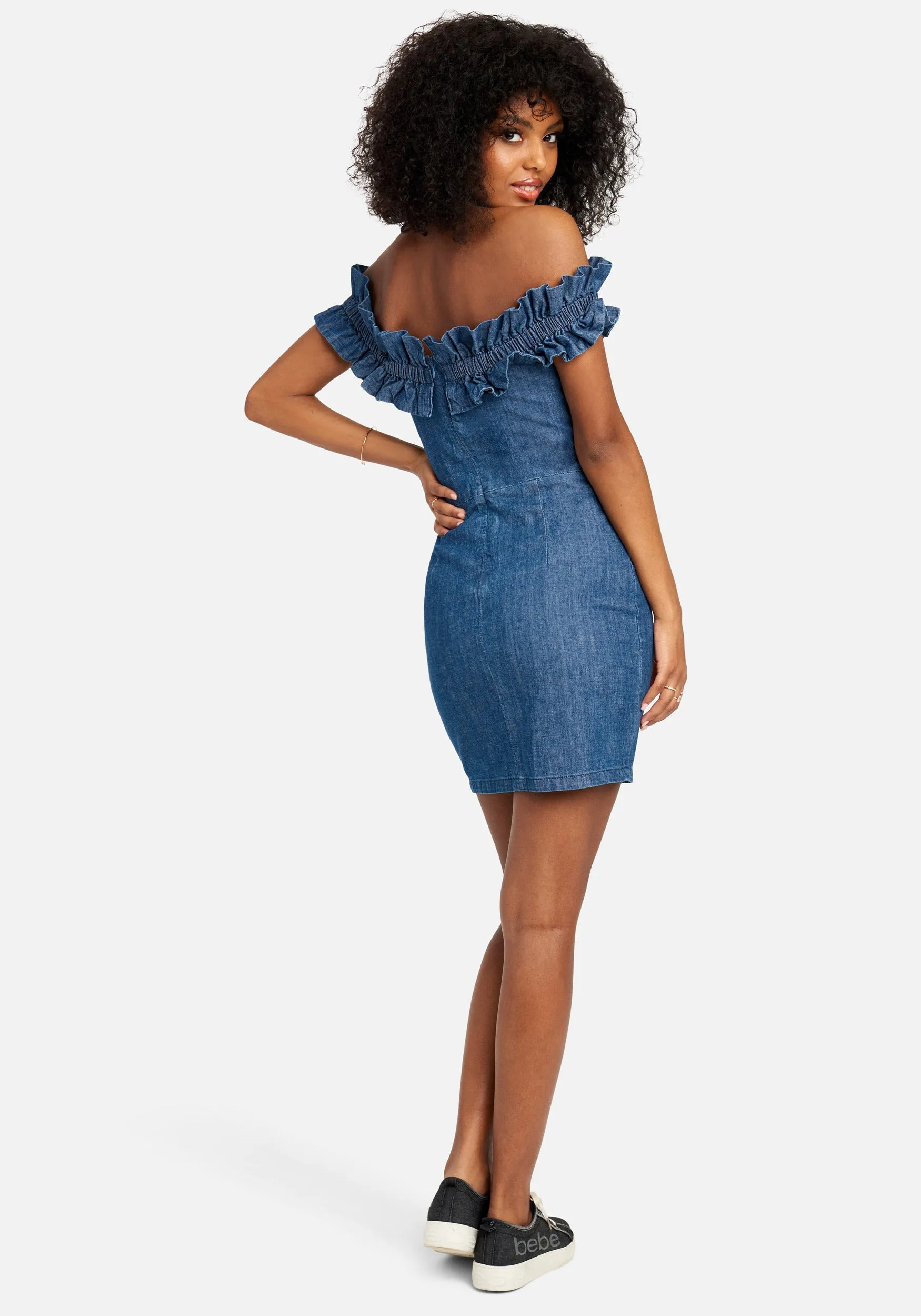 Off Shoulder Ruffle Detail Denim Dress sold by Bebe product image thumbnail 3
