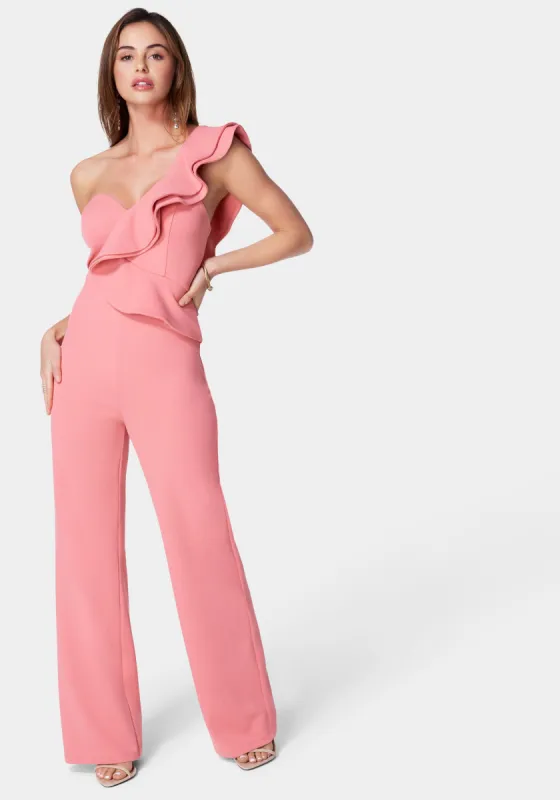 One Shoulder Ruffle Crepe Jumpsuit sold by Bebe