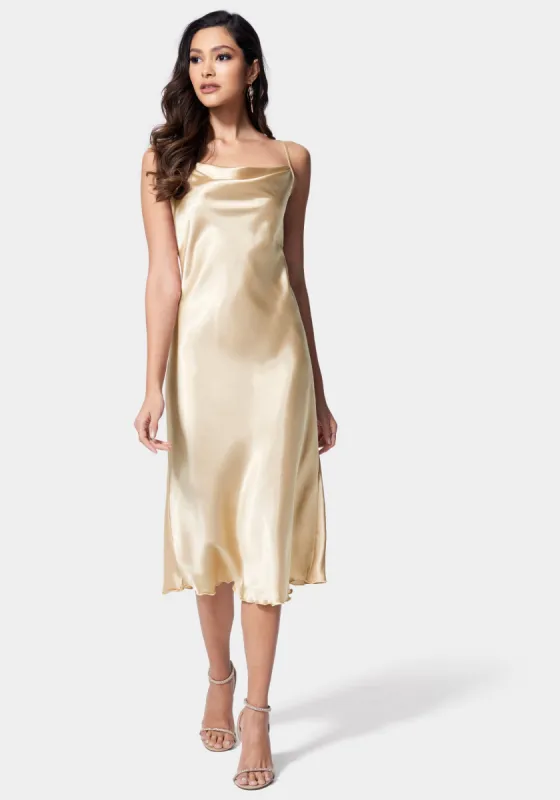 Satin Cowl Neck Slip Midi Dress sold by Bebe
