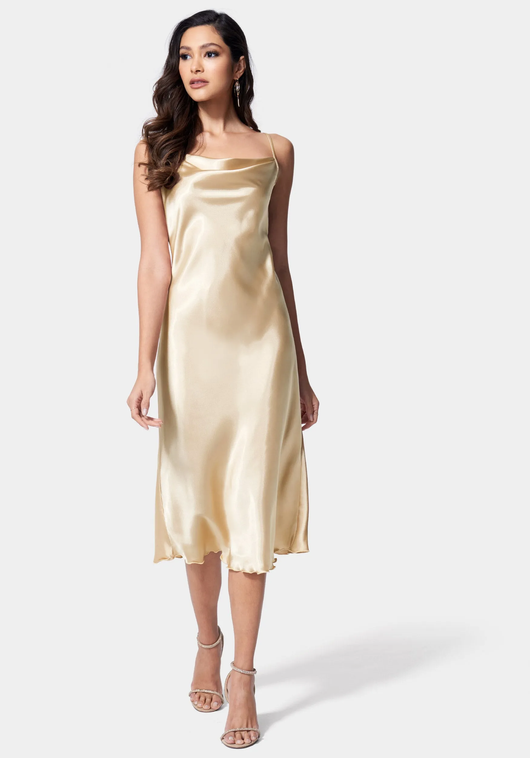 Satin Cowl Neck Slip Midi Dress sold by Bebe