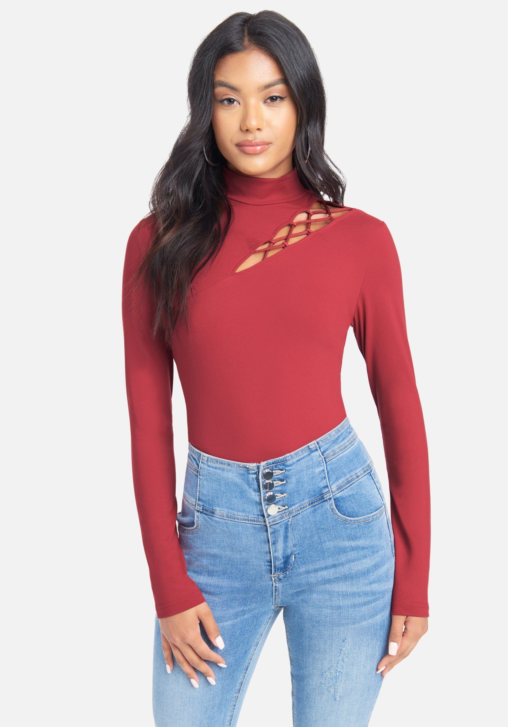 Mock Neck Cut Out Knit Top sold by Bebe