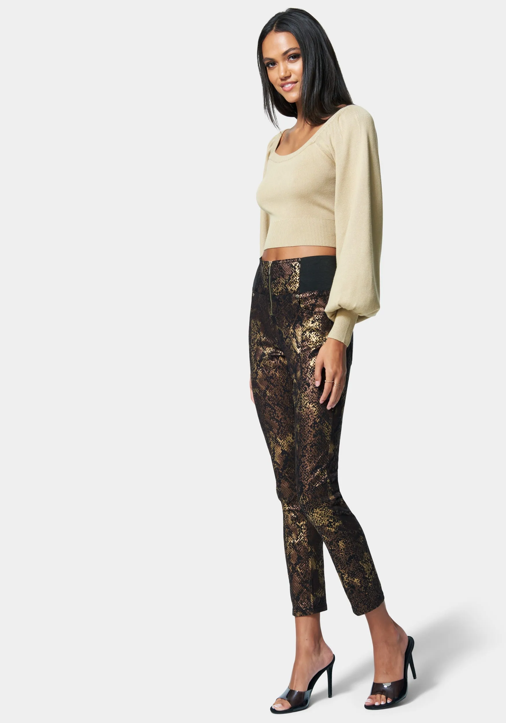 Foiled Print Zip Front Elastic Skinny Jean sold by Bebe product image thumbnail 2