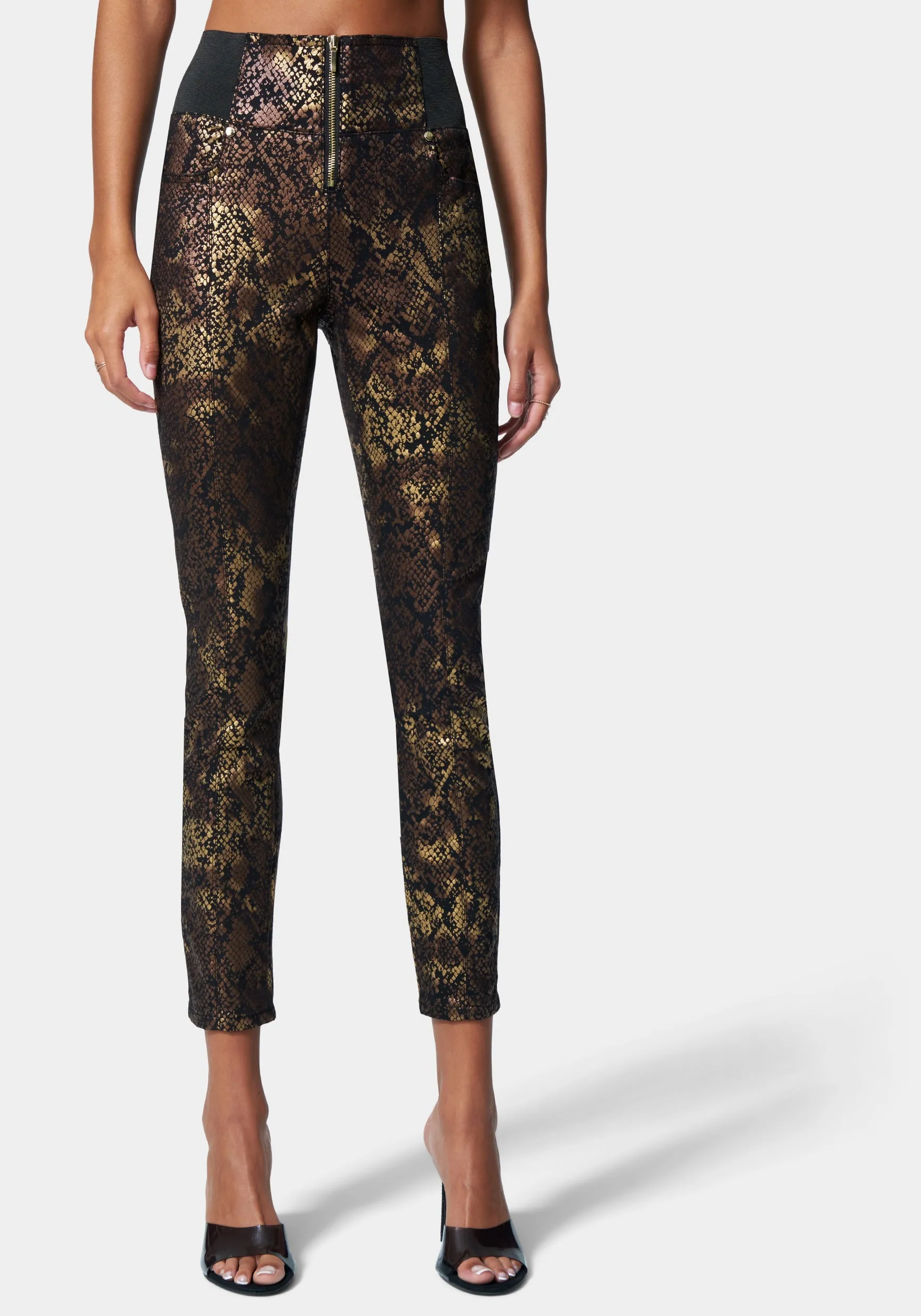 Foiled Print Zip Front Elastic Skinny Jean sold by Bebe