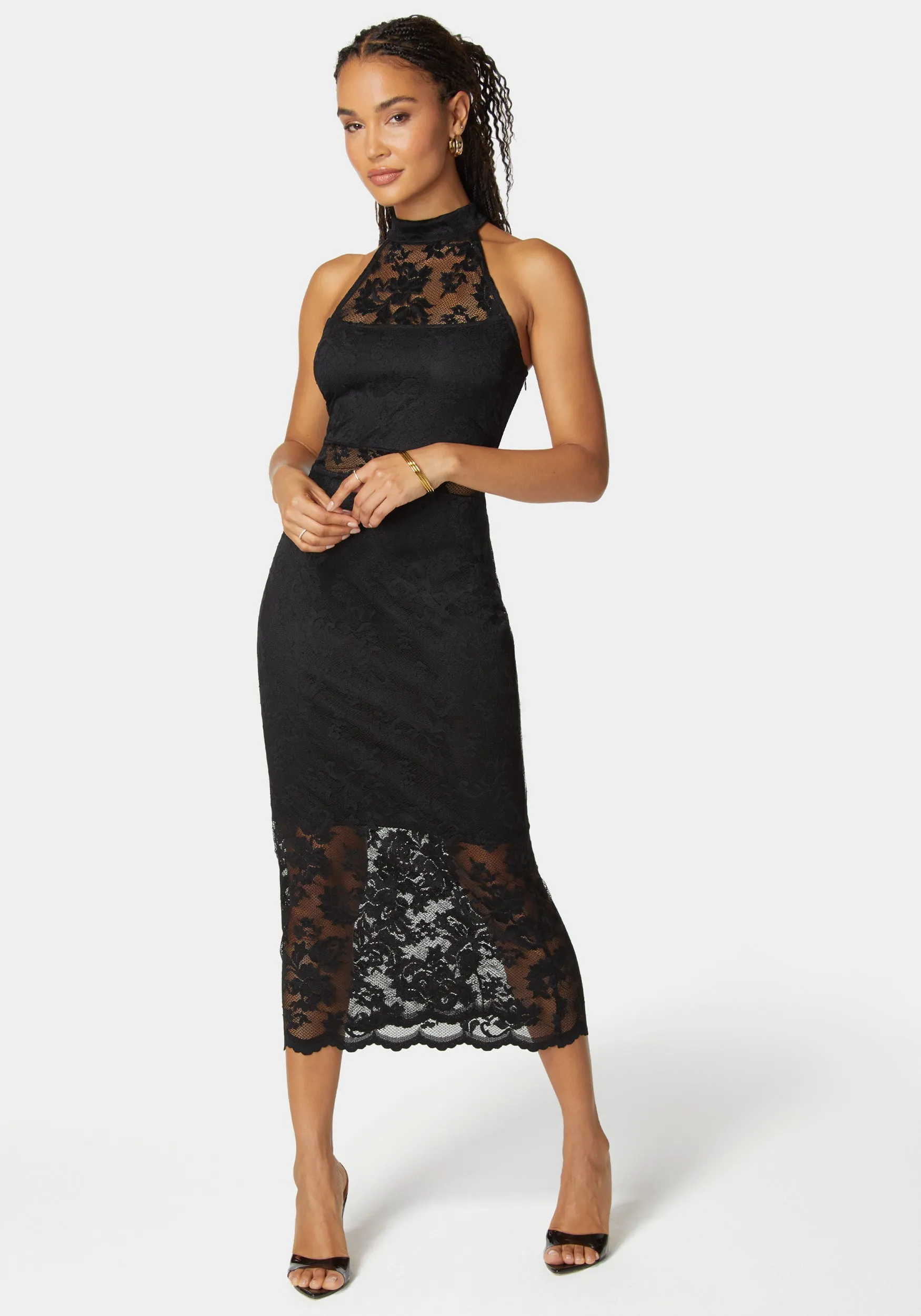 Marseille Lace Mock Neck Illusion Midi Dress sold by Bebe