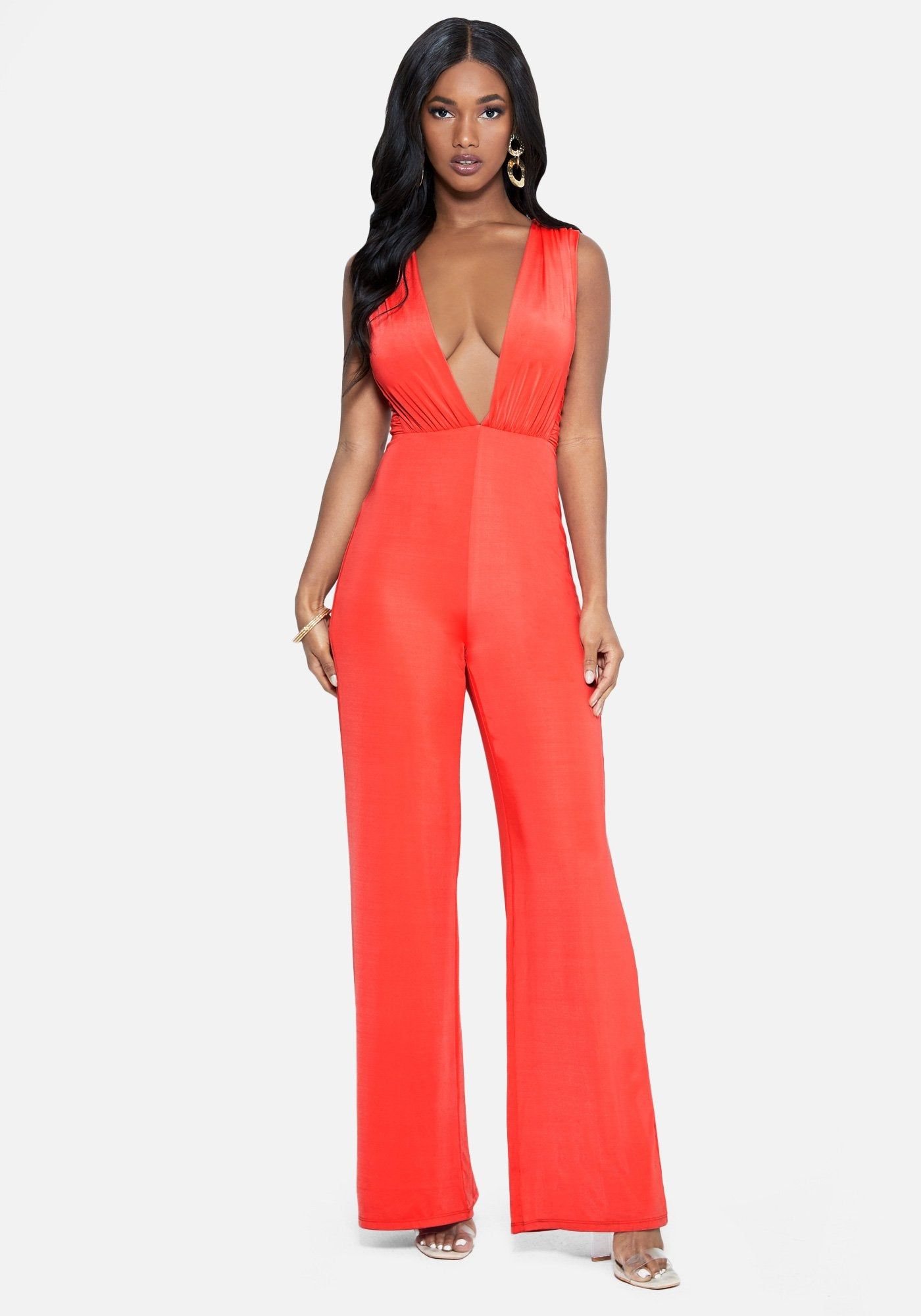 Pleated Plunge Neck Jumpsuit sold by Bebe