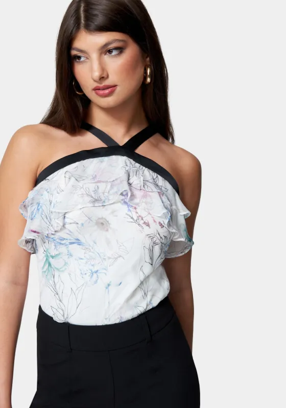 Contrast Halter Printed Ruffle Woven Top sold by Bebe