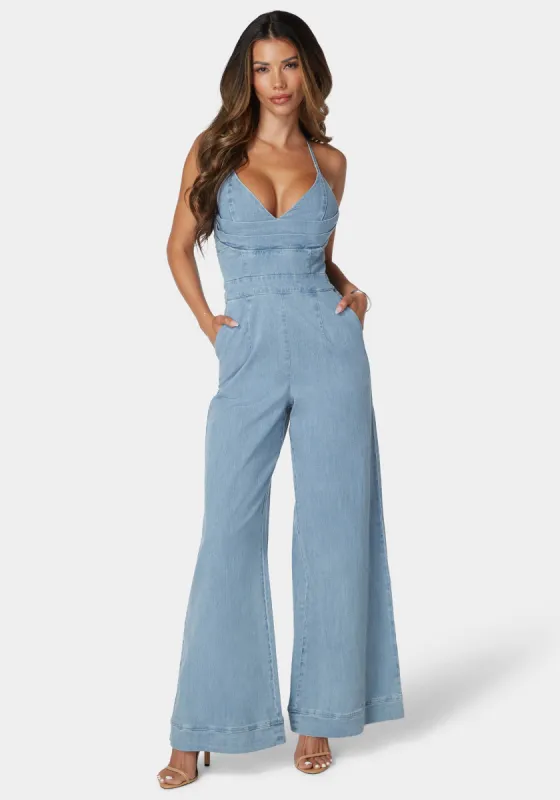 Plunging Vneck Full Wide Leg Denim Jumpsuit sold by Bebe