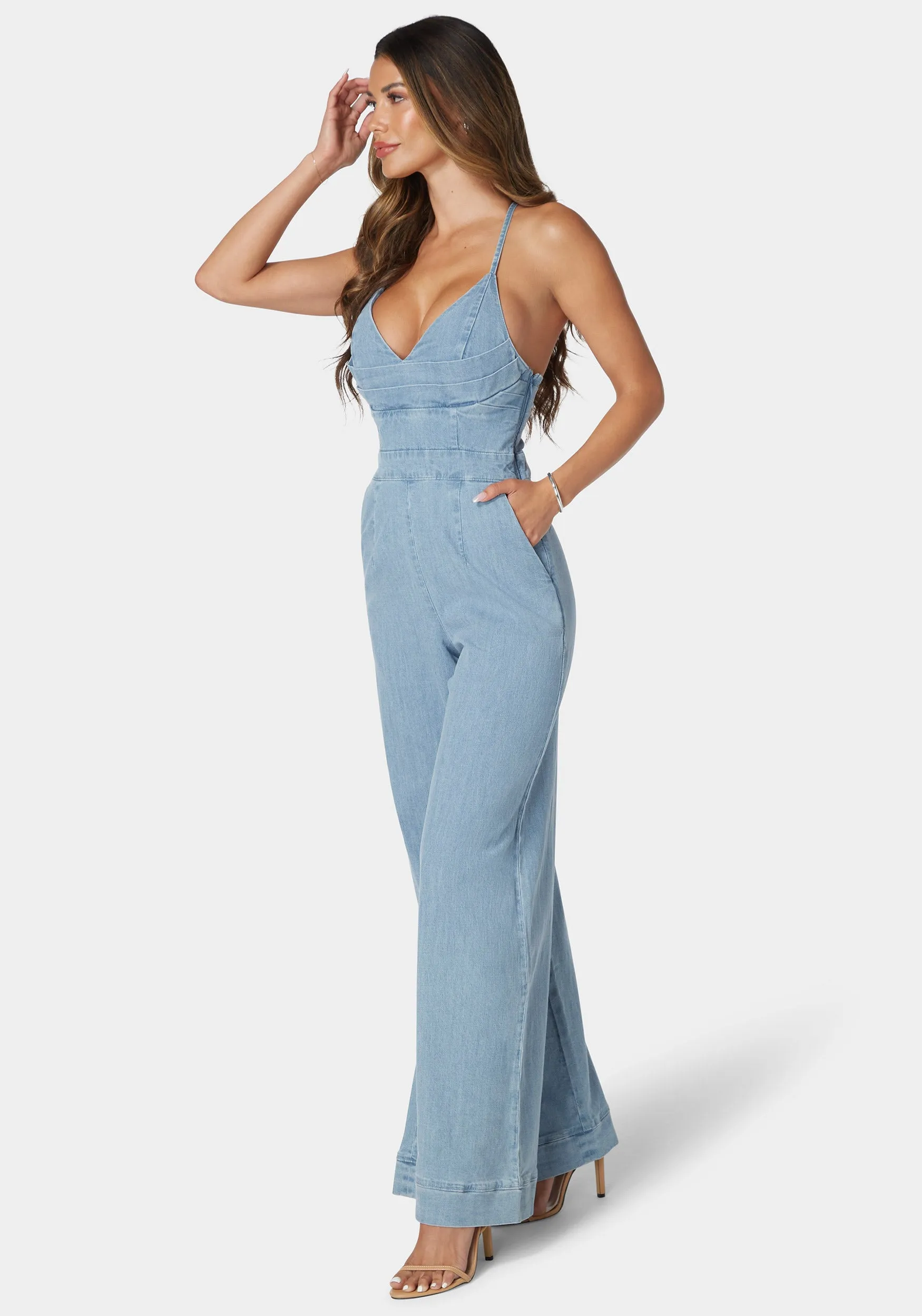 Plunging Vneck Full Wide Leg Denim Jumpsuit sold by Bebe product image thumbnail 2
