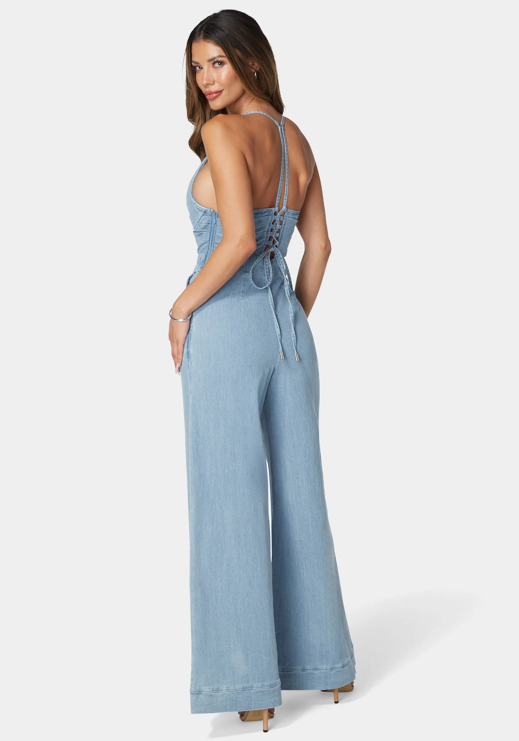 Plunging Vneck Full Wide Leg Denim Jumpsuit sold by Bebe product image thumbnail 3