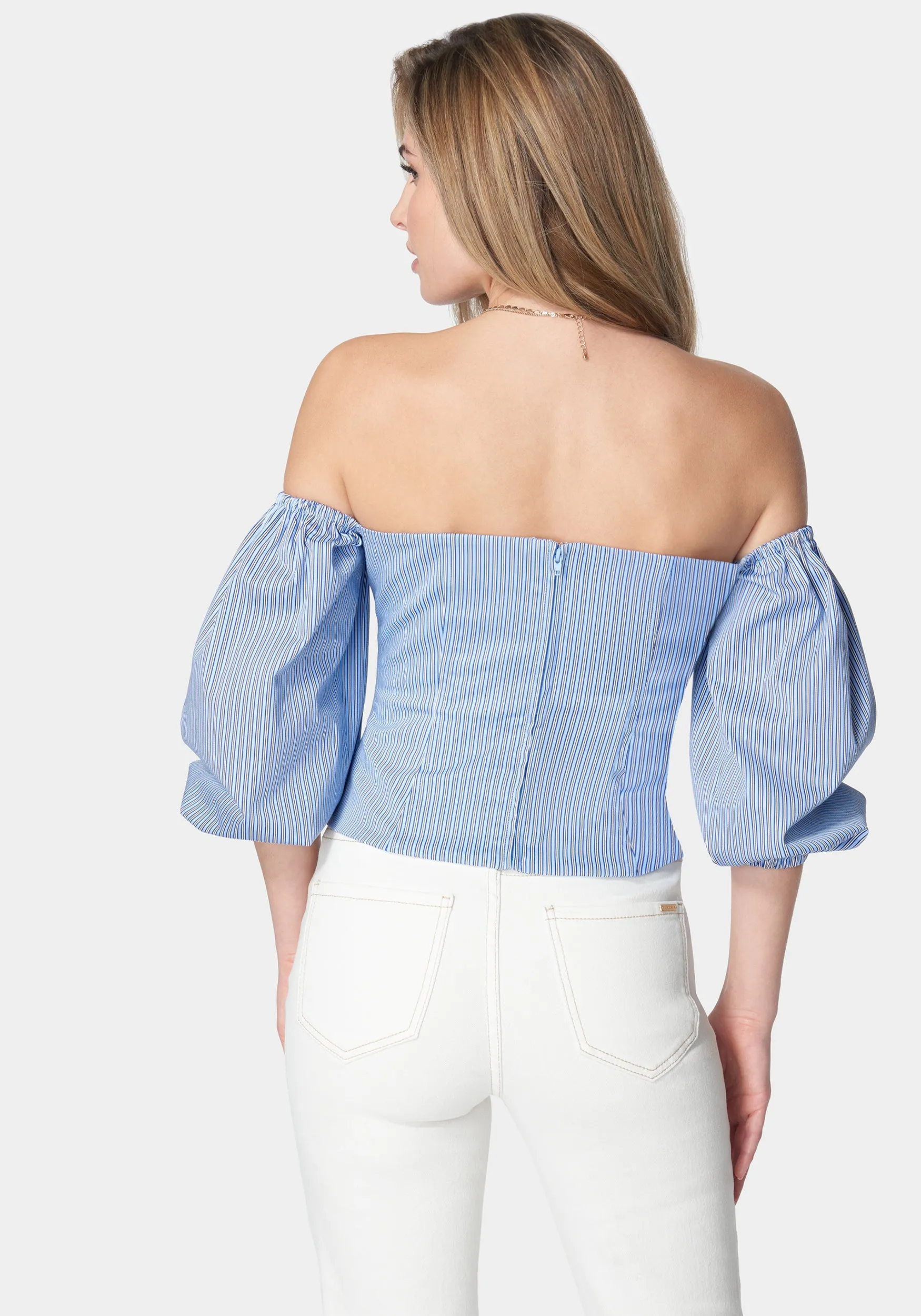 Poplin Bubble Sleeve Off Shoulder Draped Top sold by Bebe product image thumbnail 3