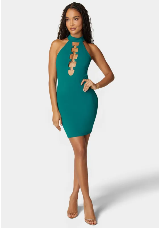 Ring Detail Plunge Neck Mini Dress sold by Bebe