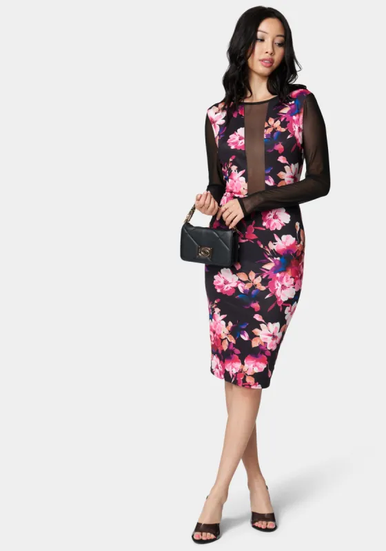 Printed Mesh Inset Midi Dress sold by Bebe