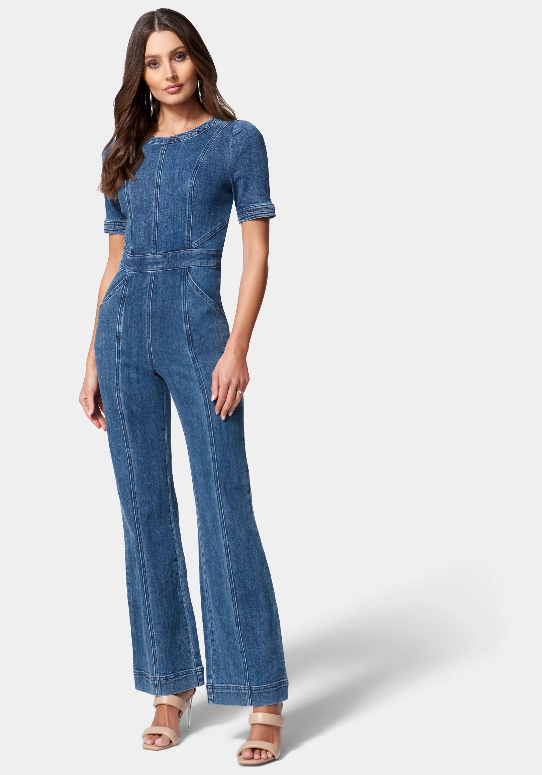 Puff Sleeve Wide Leg Denim Jumpsuit sold by Bebe