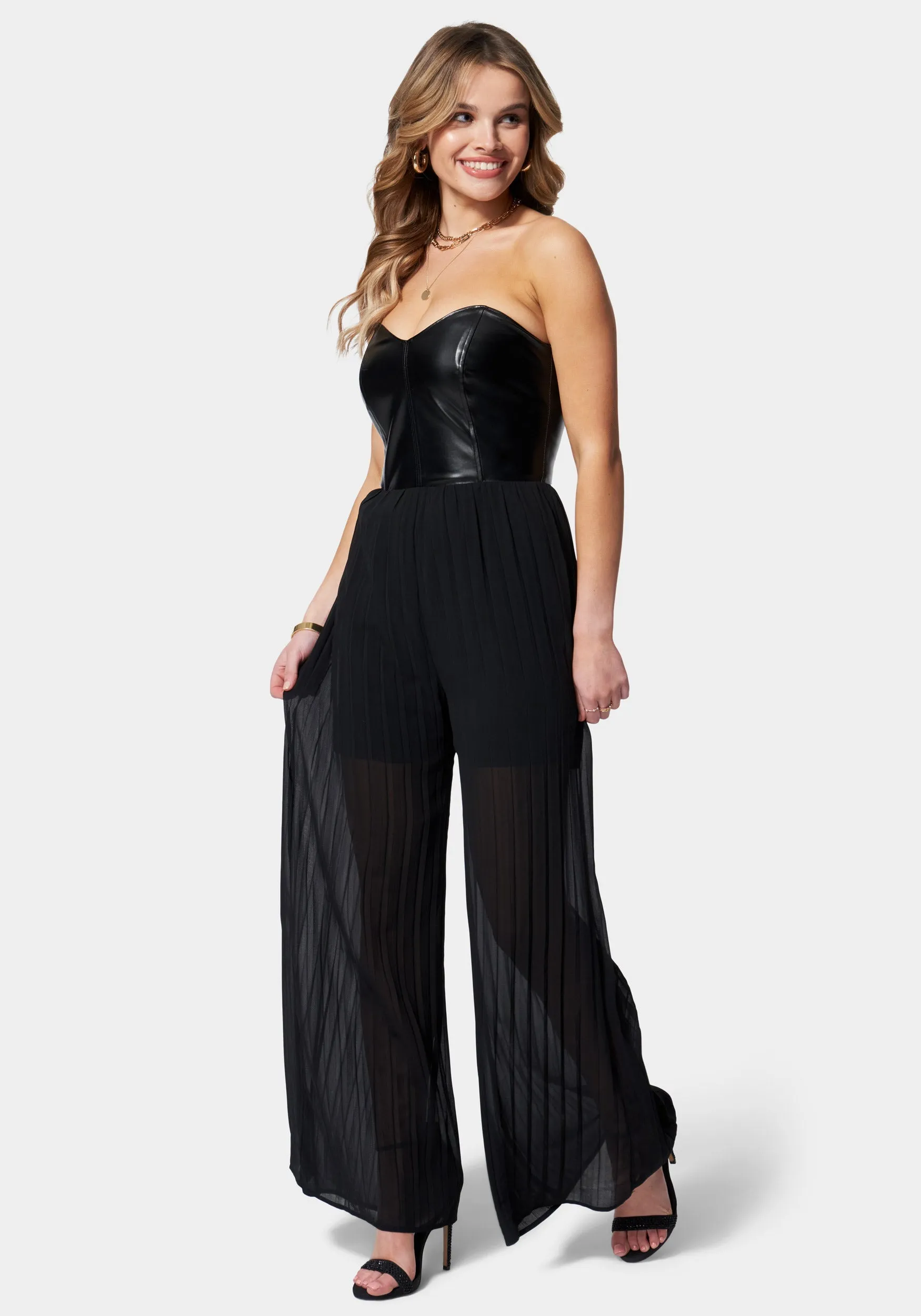 Bustier Pleated Wide Leg Jumpsuit sold by Bebe