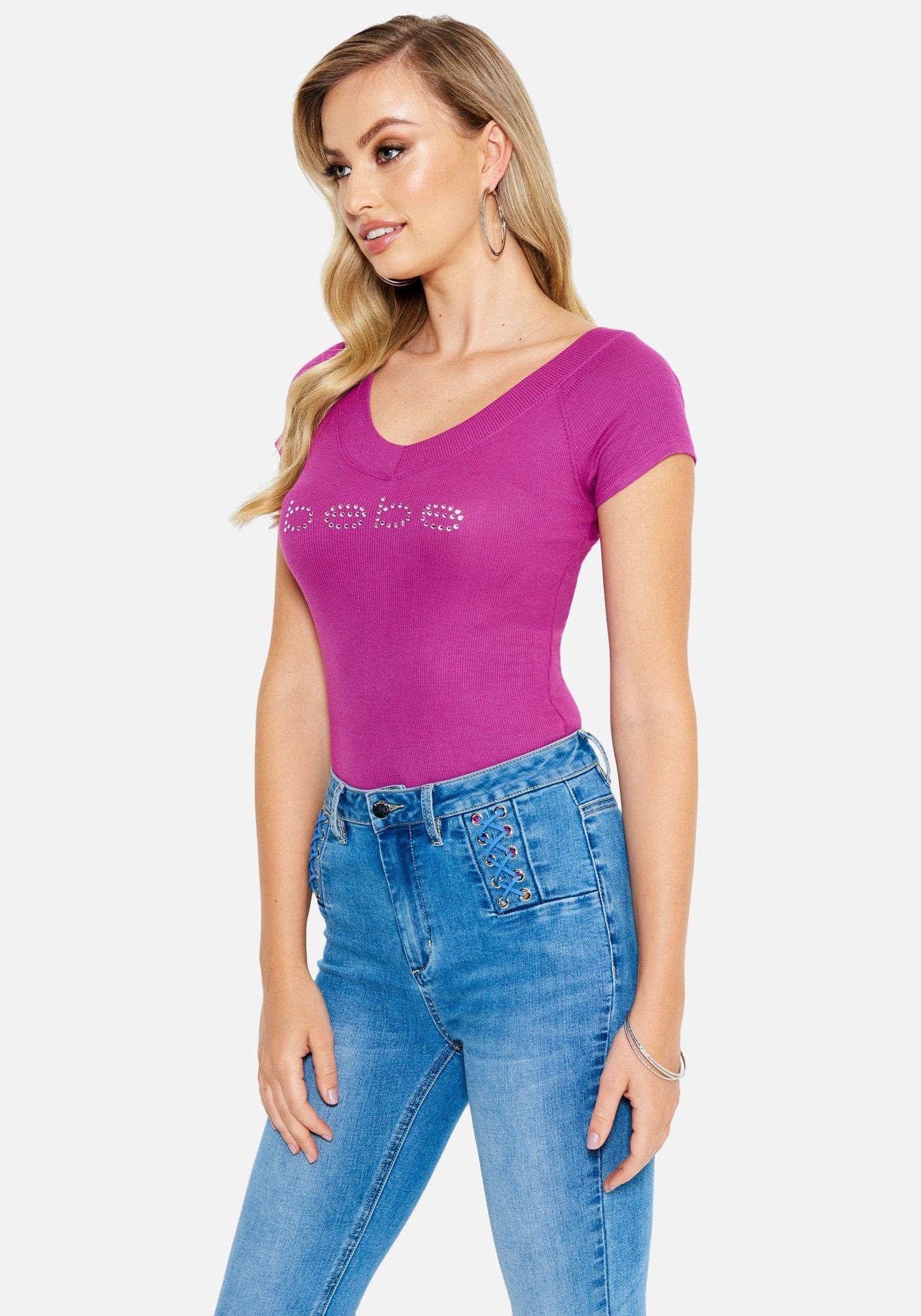 Crystal Logo Double V-Neck Short Sleeve Tee sold by Bebe product image thumbnail 2