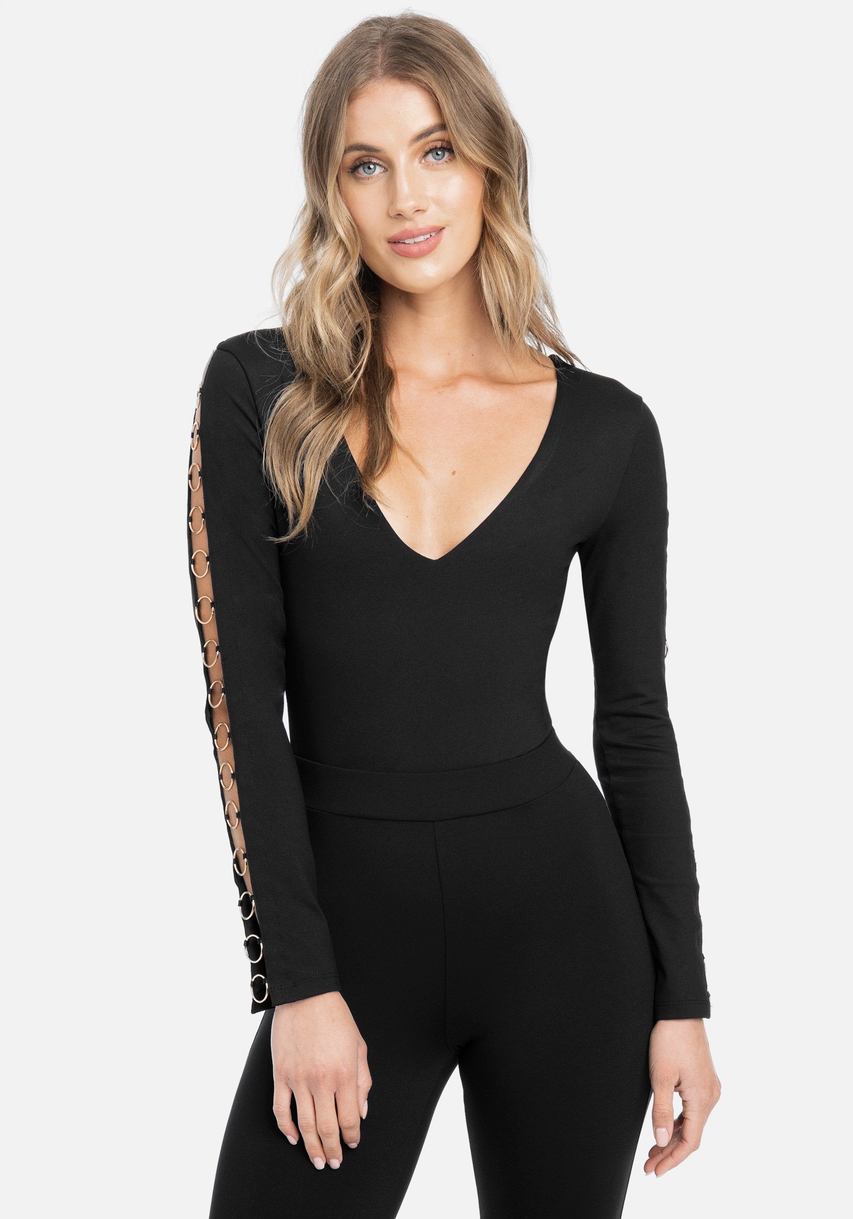 Chain Detail Deep V Bodysuit sold by Bebe
