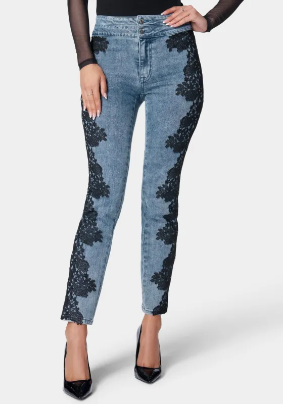 High Waist Lace Applique Slim Leg Denim Jeans sold by Bebe