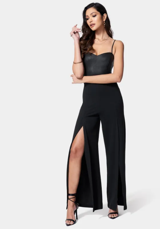 Vegan Leather Open Leg Jumpsuit sold by Bebe